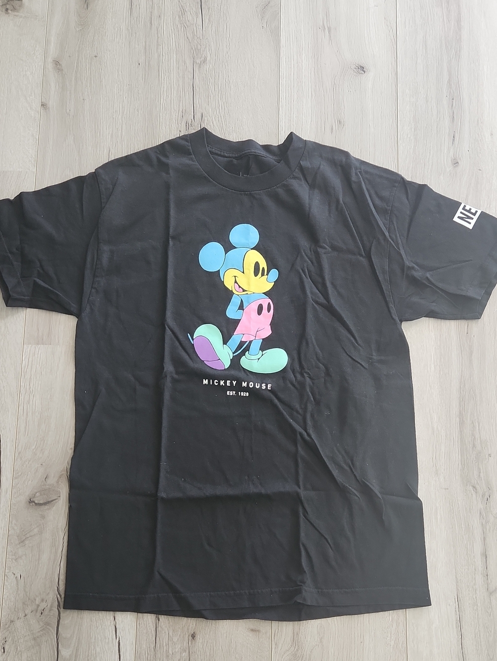 Disney x Neff Mickey Mouse Black Graphic Tee with Pastel Neon Print